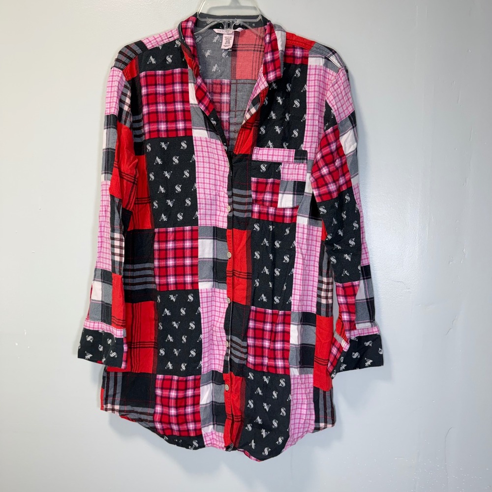 Victorias Secret Dreamer Patchwork Plaid Sleep Shirt Nightgown Red Pink Black XS